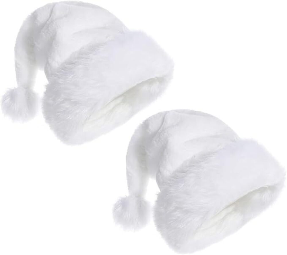 8387 Pure White Santa Hat, Christmas Hats 2Pack, Xmas Hat Faux Fur, Unisex
